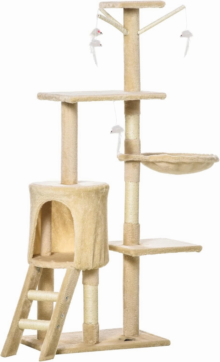 Minzan Multi-use Activity Center with Condo Hideaway, Perches, Ladder and Basket for Cat Playing, Scratching (Beige)