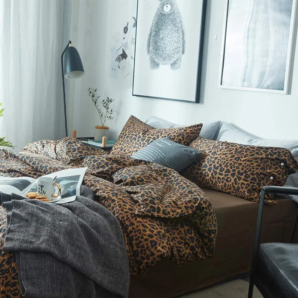 mixinni Leopard Print Duvet Cover Queen Size Long Staple Cotton Queen Bedding Set with Zipper Closure Ties, Perfect for Man and Woman, Ultra Soft and Easy Care (3pcs, Queen Size)