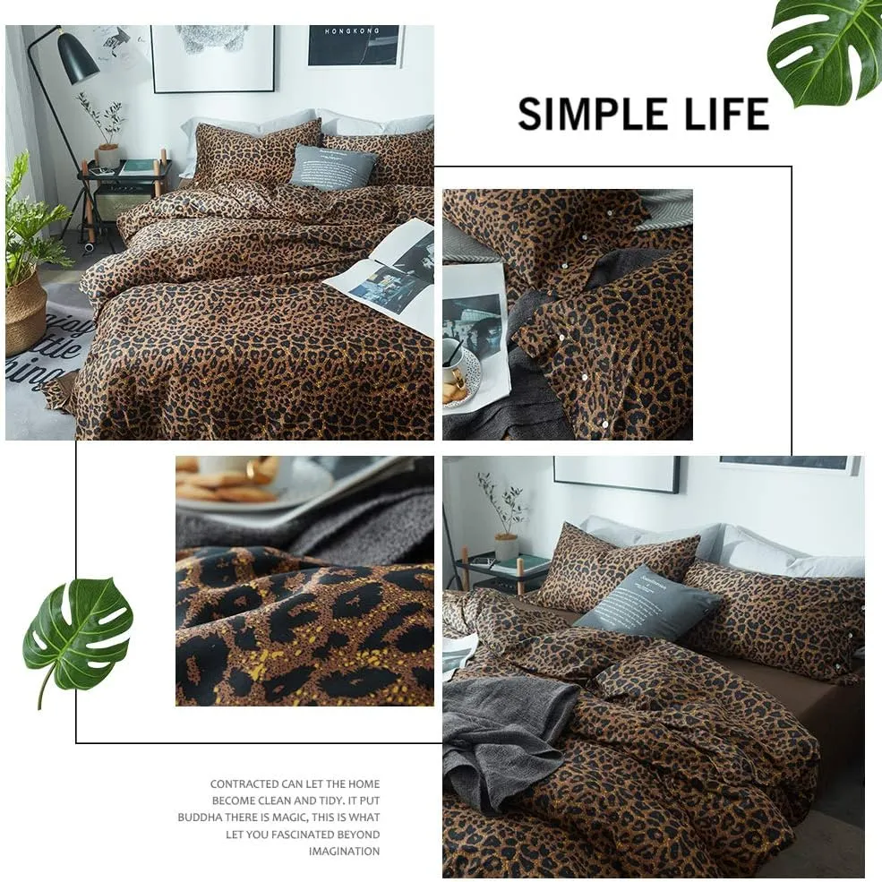 mixinni Leopard Print Duvet Cover Queen Size Long Staple Cotton Queen Bedding Set with Zipper Closure Ties, Perfect for Man and Woman, Ultra Soft and Easy Care (3pcs, Queen Size)