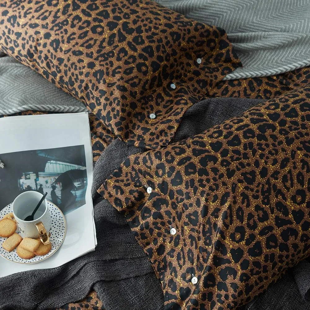 mixinni Leopard Print Duvet Cover Queen Size Long Staple Cotton Queen Bedding Set with Zipper Closure Ties, Perfect for Man and Woman, Ultra Soft and Easy Care (3pcs, Queen Size)