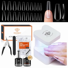 modelones Gel Nail Kit, Fake Nails Long Coffin, 9-in-One Glue Prep Dehydrator & Portable Mini U V Light Acrylic Clipper, 500Pcs Coffin Tips for Extension Kit DIY Salon Home Gifts for Women