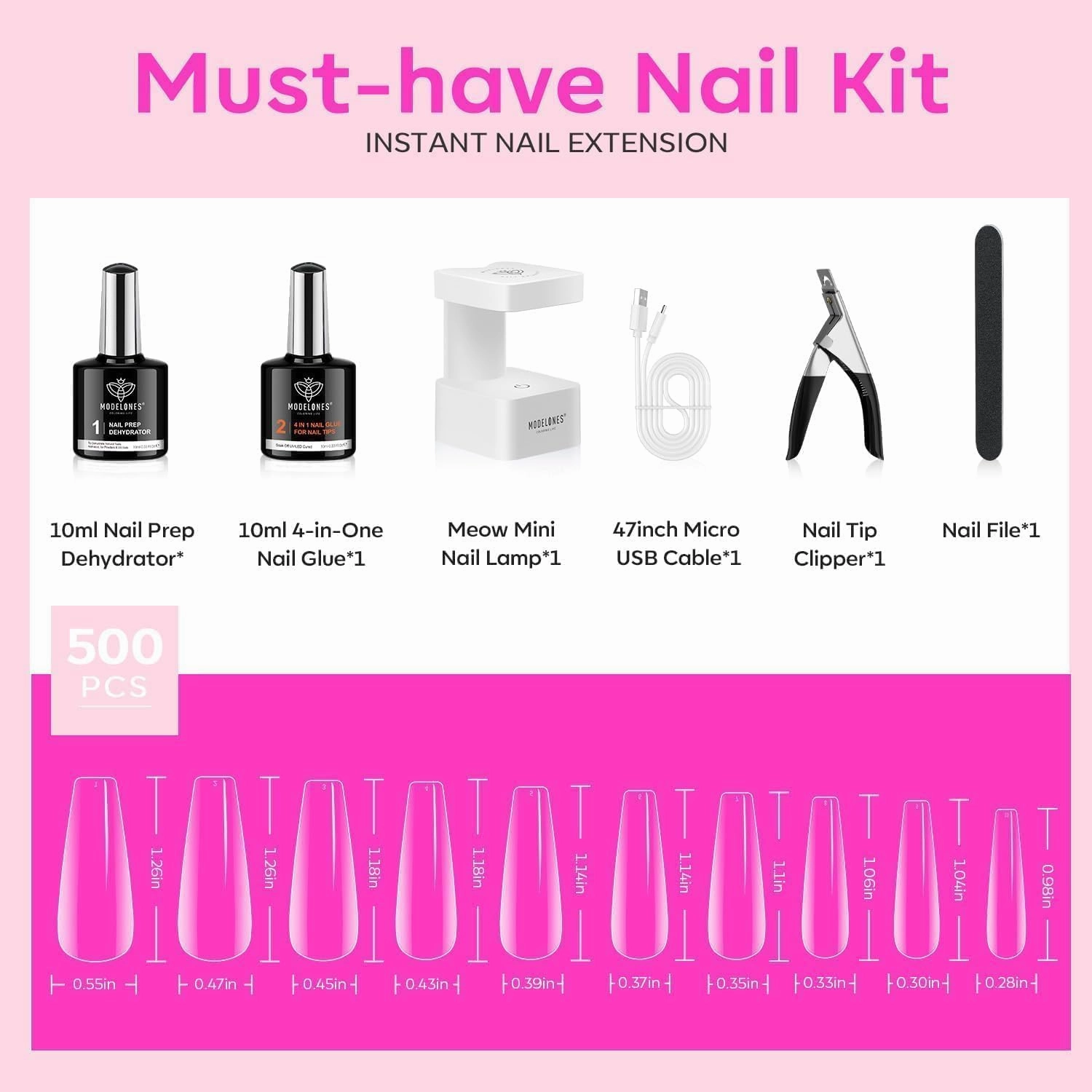 modelones Gel Nail Kit, Fake Nails Long Coffin, 9-in-One Glue Prep Dehydrator & Portable Mini U V Light Acrylic Clipper, 500Pcs Coffin Tips for Extension Kit DIY Salon Home Gifts for Women