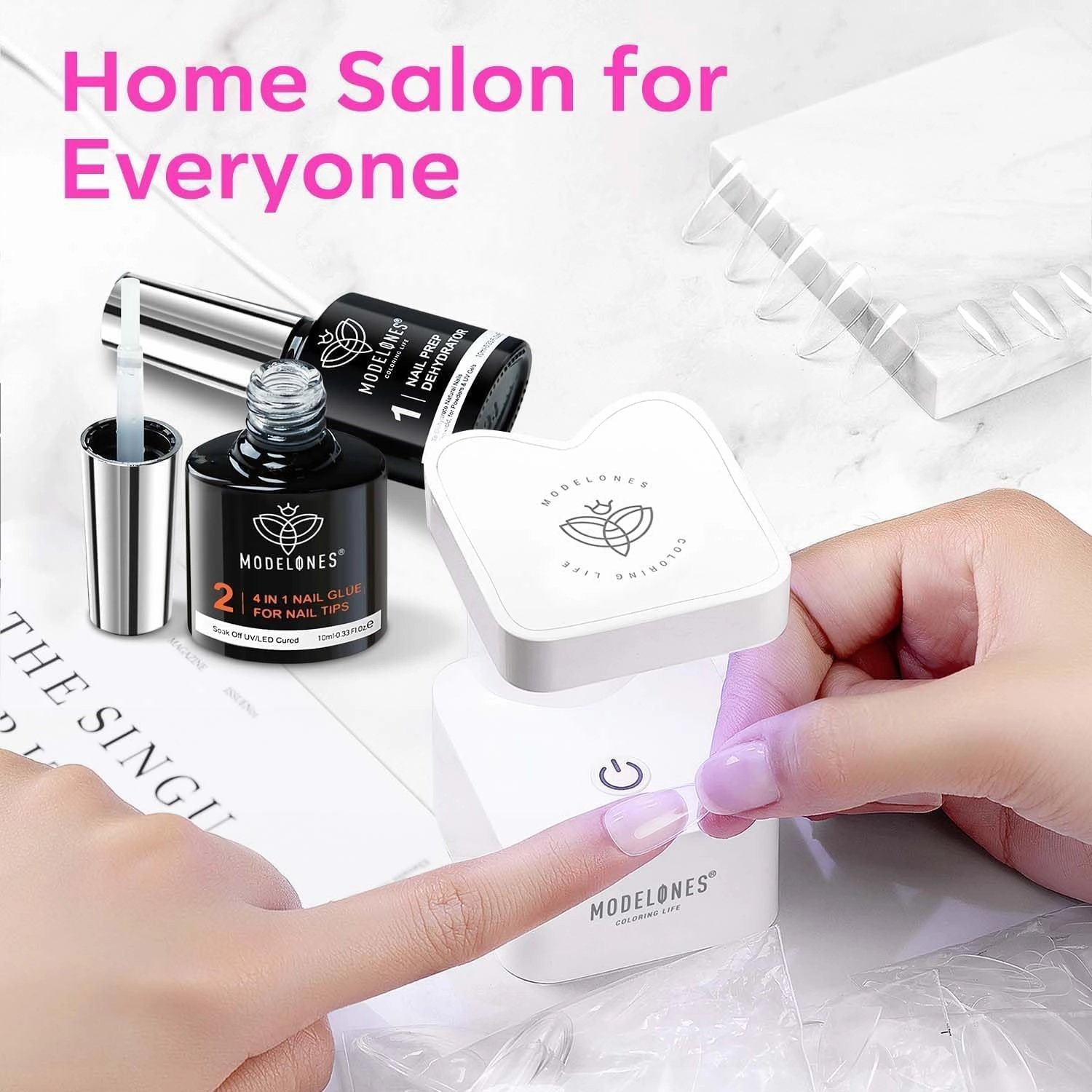 modelones Gel Nail Kit, Fake Nails Long Coffin, 9-in-One Glue Prep Dehydrator & Portable Mini U V Light Acrylic Clipper, 500Pcs Coffin Tips for Extension Kit DIY Salon Home Gifts for Women