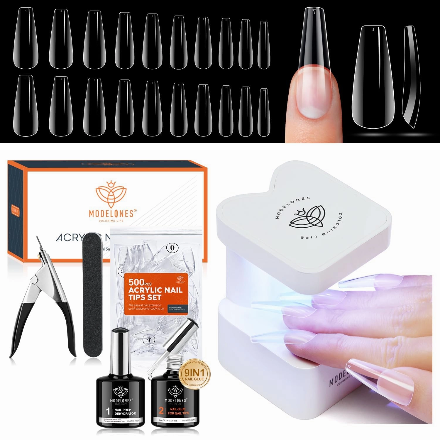 modelones Gel Nail Kit, Fake Nails Long Coffin, 9-in-One Glue Prep Dehydrator & Portable Mini U V Light Acrylic Clipper, 500Pcs Coffin Tips for Extension Kit DIY Salon Home Gifts for Women
