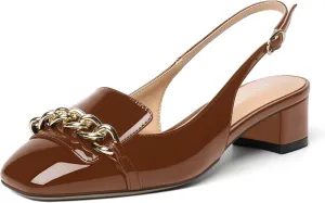 MOVINSTEPS Womens Slingback Buckle Square Closed Toe Dating Patent Solid Ankle Strap Cute Chunky Low Heel Pumps Shoes 1.5 Inch