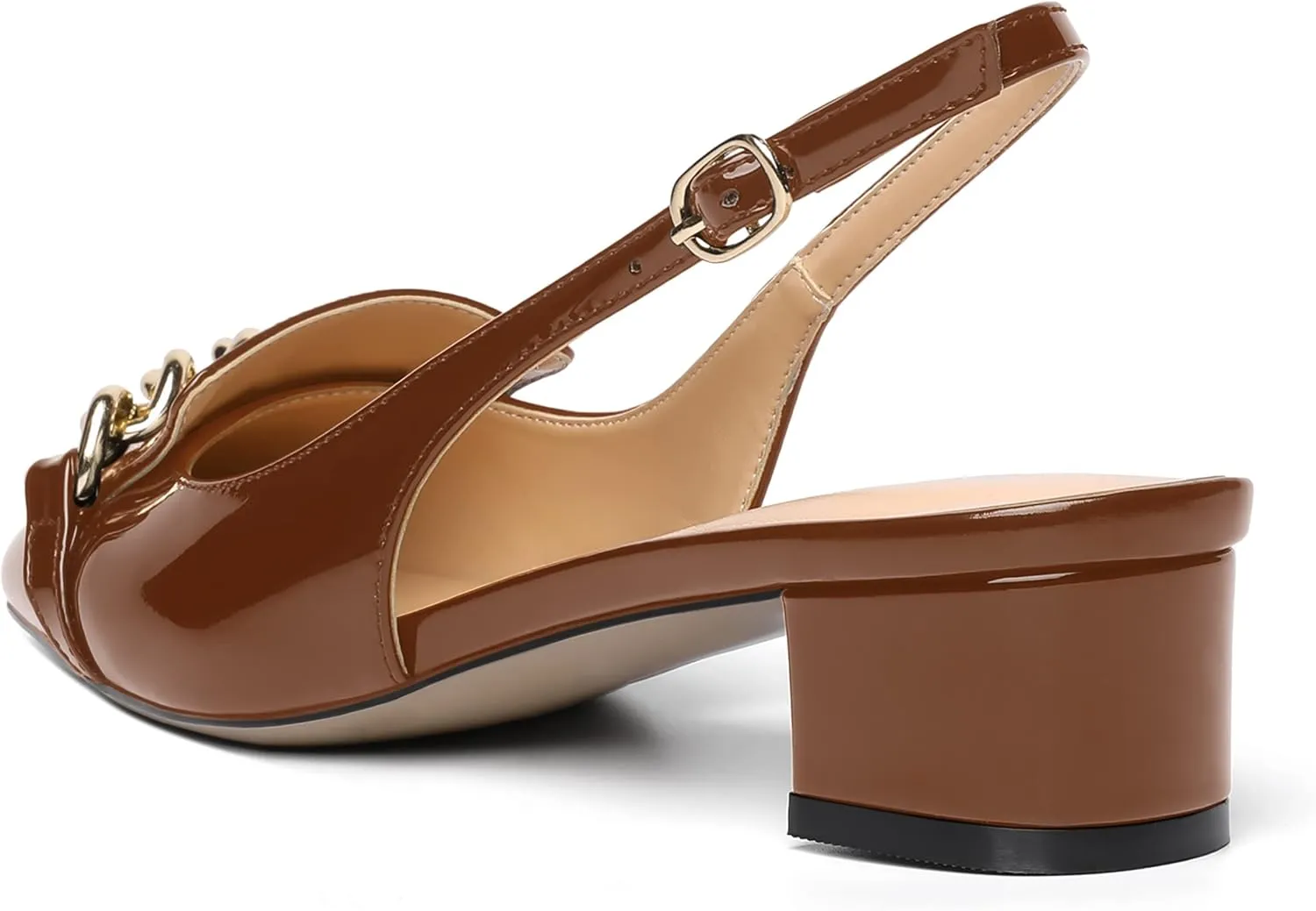MOVINSTEPS Womens Slingback Buckle Square Closed Toe Dating Patent Solid Ankle Strap Cute Chunky Low Heel Pumps Shoes 1.5 Inch