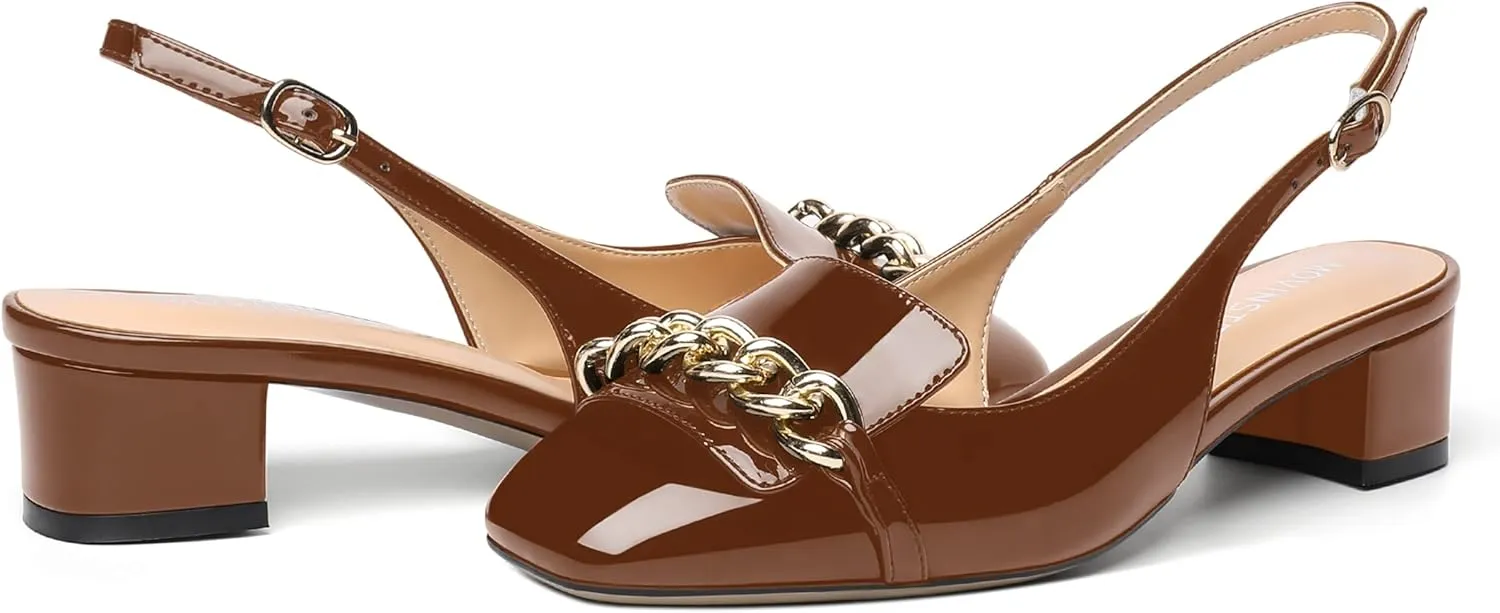 MOVINSTEPS Womens Slingback Buckle Square Closed Toe Dating Patent Solid Ankle Strap Cute Chunky Low Heel Pumps Shoes 1.5 Inch