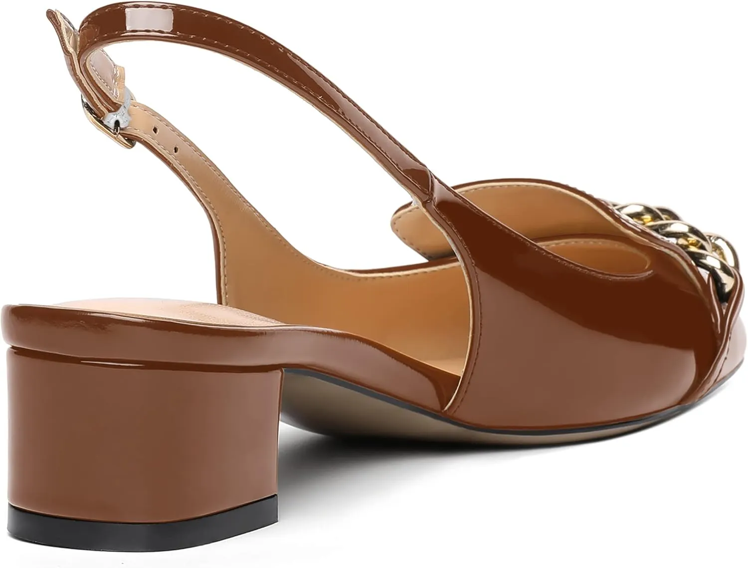 MOVINSTEPS Womens Slingback Buckle Square Closed Toe Dating Patent Solid Ankle Strap Cute Chunky Low Heel Pumps Shoes 1.5 Inch