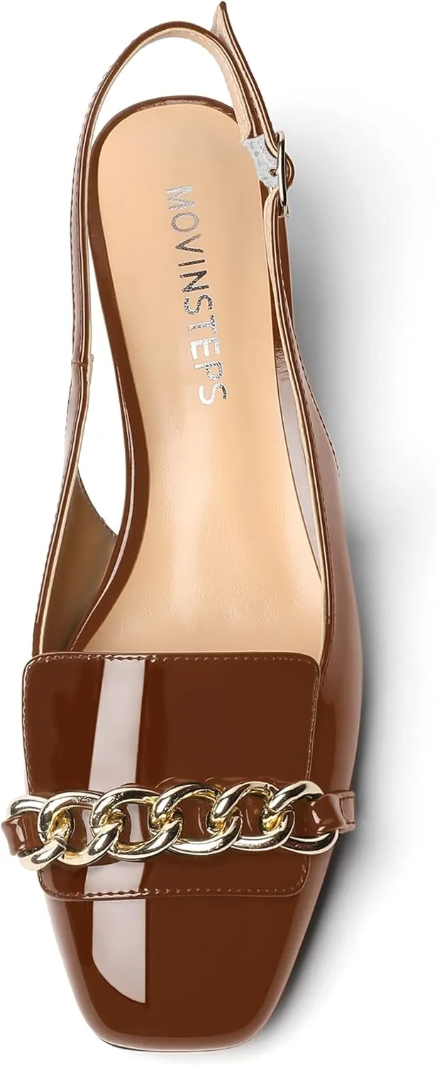 MOVINSTEPS Womens Slingback Buckle Square Closed Toe Dating Patent Solid Ankle Strap Cute Chunky Low Heel Pumps Shoes 1.5 Inch