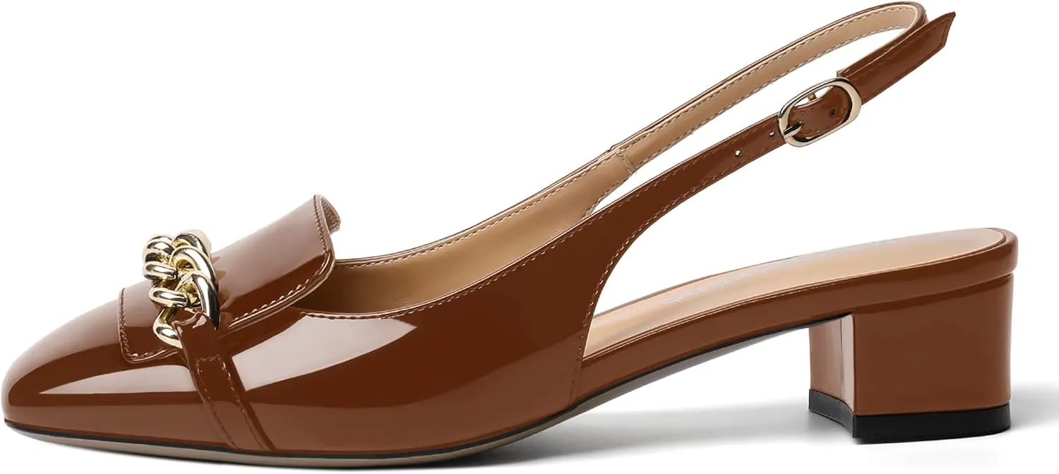MOVINSTEPS Womens Slingback Buckle Square Closed Toe Dating Patent Solid Ankle Strap Cute Chunky Low Heel Pumps Shoes 1.5 Inch
