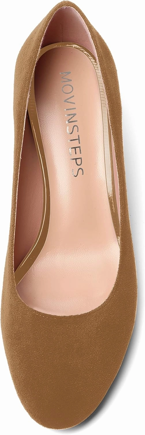 MOVINSTEPS Womens Office Dress Suede Slip On Round Toe Chunky Low Heel Pumps Shoes 2 Inch
