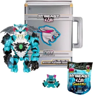 Mr. Beast Lab 6.5 Inch Collector Tiger Articulating Figure in Signature Briefcase with Mini 1 inch Swarms Mystery Collectable Toy Figure Gift Bundled Set