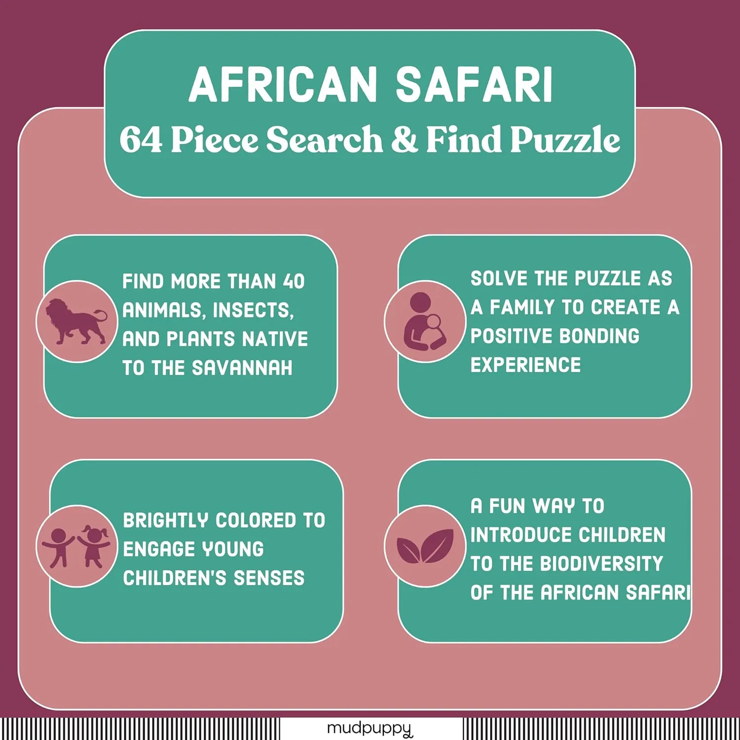 Mudpuppy African Safari — 64 Piece Search & Find Puzzle Jigsaw Puzzle Featuring Diverse Safari Animals and Over 40 Hidden Images to Find for Ages 4 