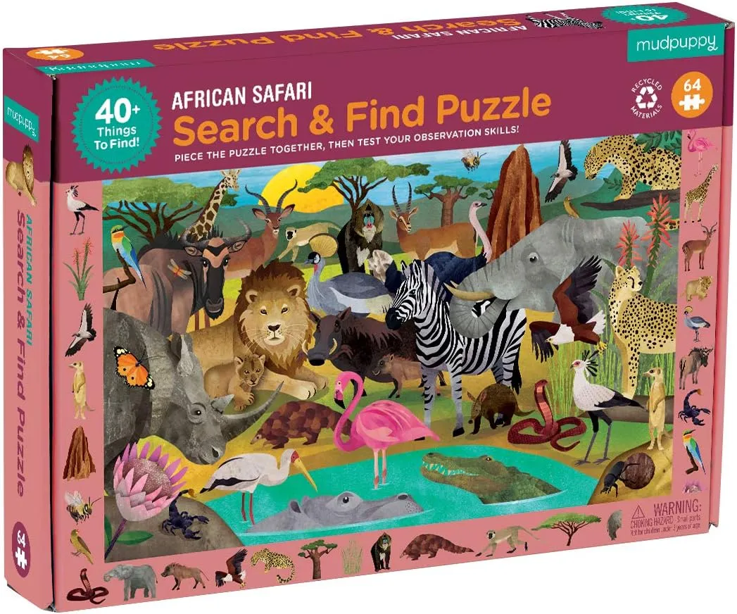 Mudpuppy African Safari — 64 Piece Search & Find Puzzle Jigsaw Puzzle Featuring Diverse Safari Animals and Over 40 Hidden Images to Find for Ages 4 
