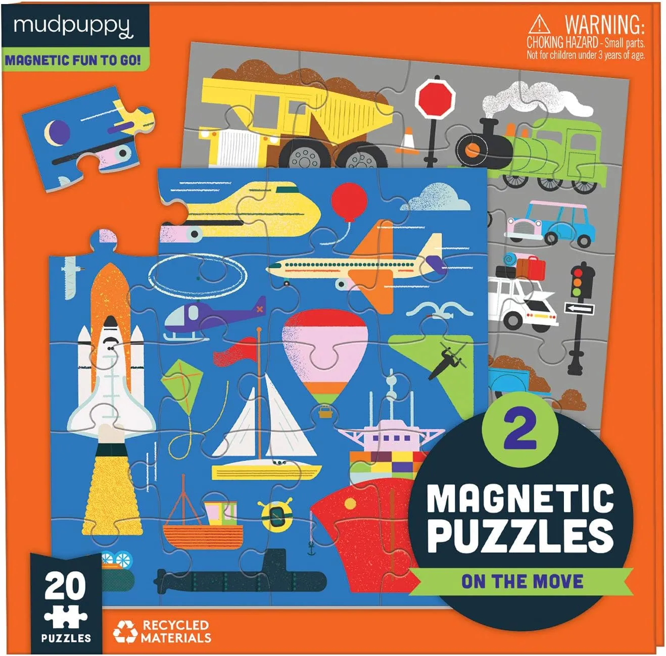 Mudpuppy On The Move - Tri Fold Magnetic Puzzles Featuring Two 20 Piece Transportation Themed Artwork