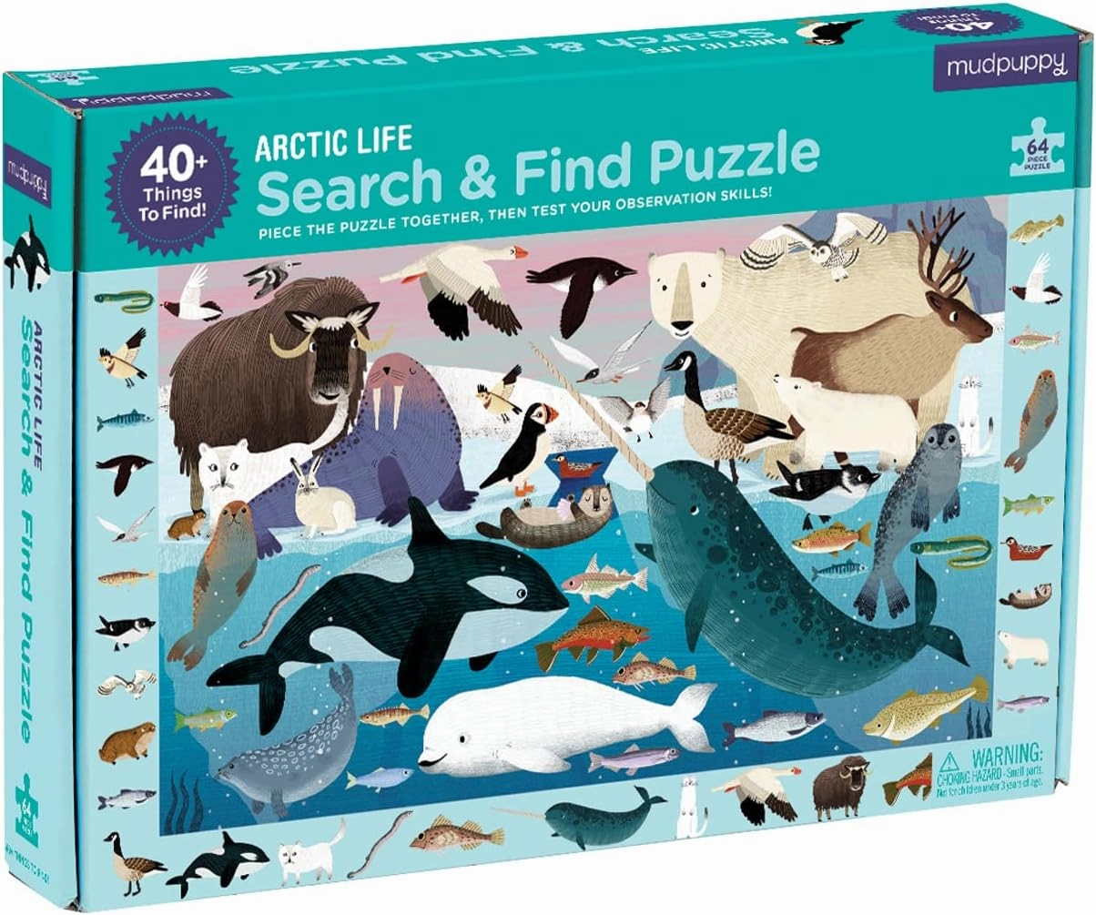 Mudpuppy Arctic Life Search & Find Puzzle, 64 Pieces, 23”x15.5” – For Kids Age 4-7 - Colorful Illustrations of Animals, Fish, Birds Living in the Arctic – Complete Puzzle to Find 40  Hidden Images