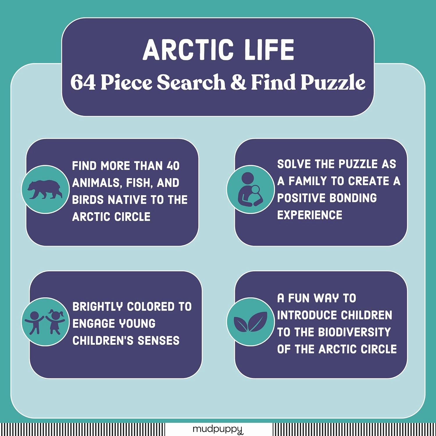 Mudpuppy Arctic Life Search & Find Puzzle, 64 Pieces, 23”x15.5” – For Kids Age 4-7 - Colorful Illustrations of Animals, Fish, Birds Living in the Arctic – Complete Puzzle to Find 40  Hidden Images