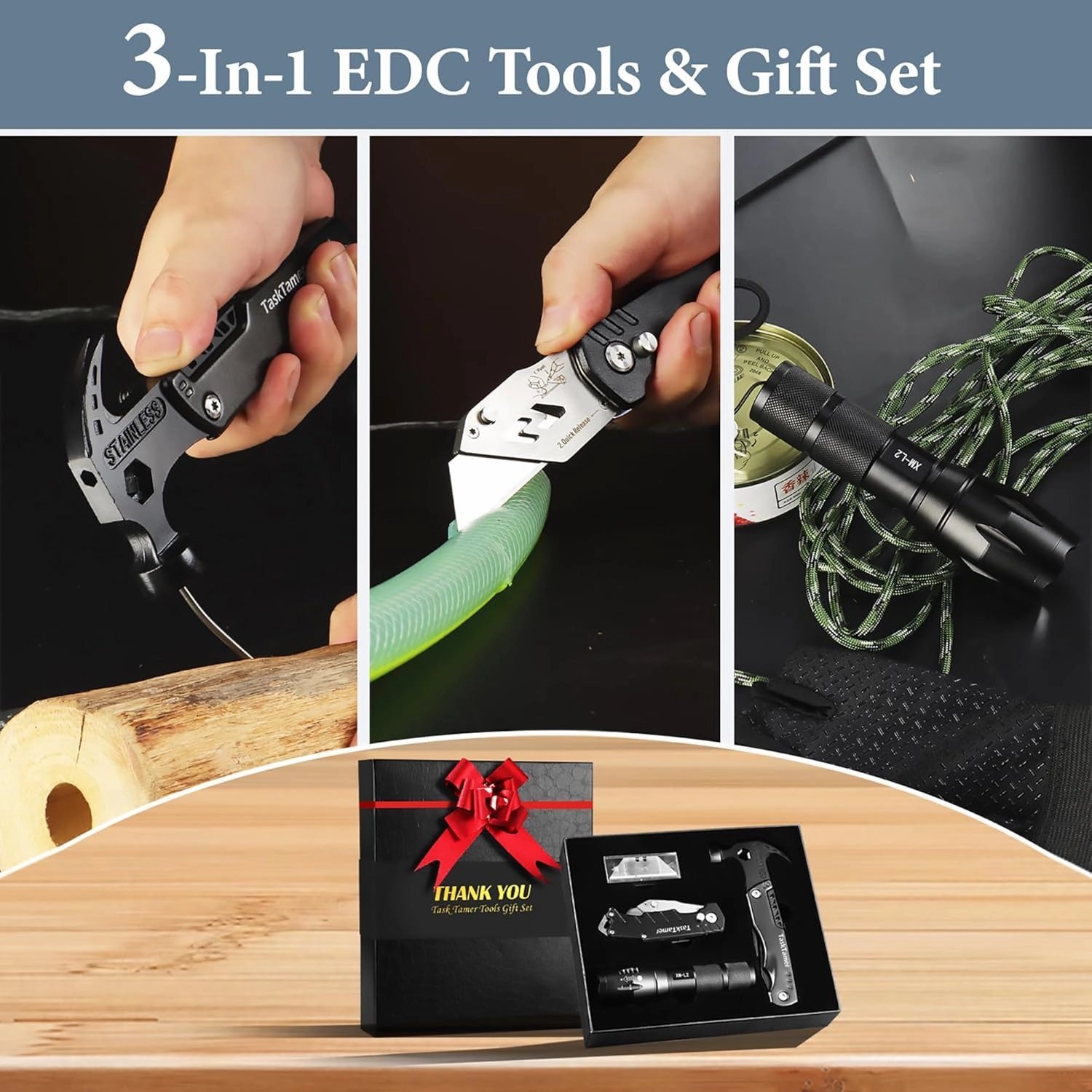 Multitools Gfit Set for Men, 3-in-1 Multi-tools Set "THANK YOU" Includes a Multi-Hammer, Utility Knife & Tactical Flashlight, EDC Gears for Car, Camping & Emergency, Gifts For Dad Husband Him