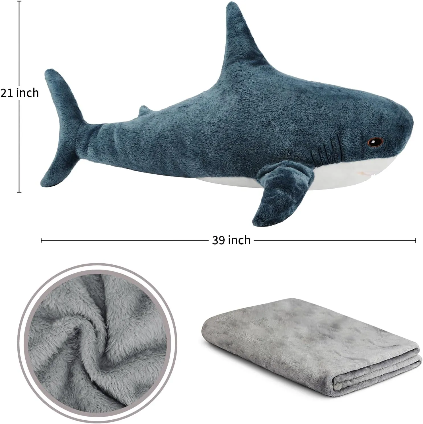 MUPI Shark Plush 39“ Shark Stuffed Animals Pillow-Blanket 2 in1, Cute Sharks Toy Plush Stuffed Ocean Sea Animal Plushies Gifts for Boys Girls Kids Adults, Dark Blue