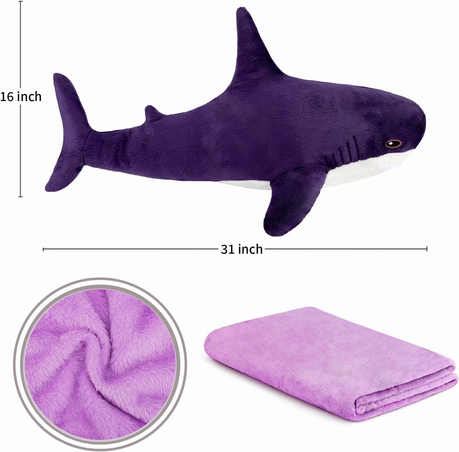 MUPI Shark Plush 31“ Shark Stuffed Animals Pillow-Blanket 2 in1, Cute Sharks Toy Plush Stuffed Ocean Sea Animal Plushies Gifts for Boys Girls Kids Adults, Purple