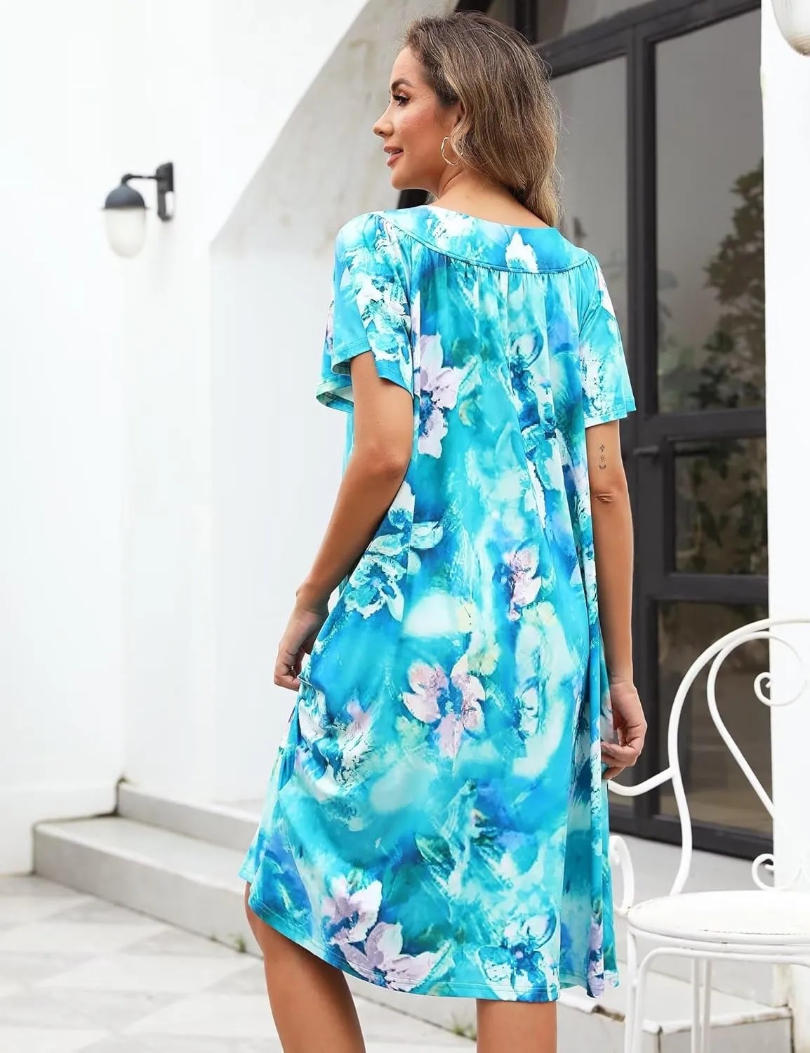 Muumuu House Dresses for Women Nightgown Duster Moomoo Short Sleeve Patio Dress with Pockets S-3XL