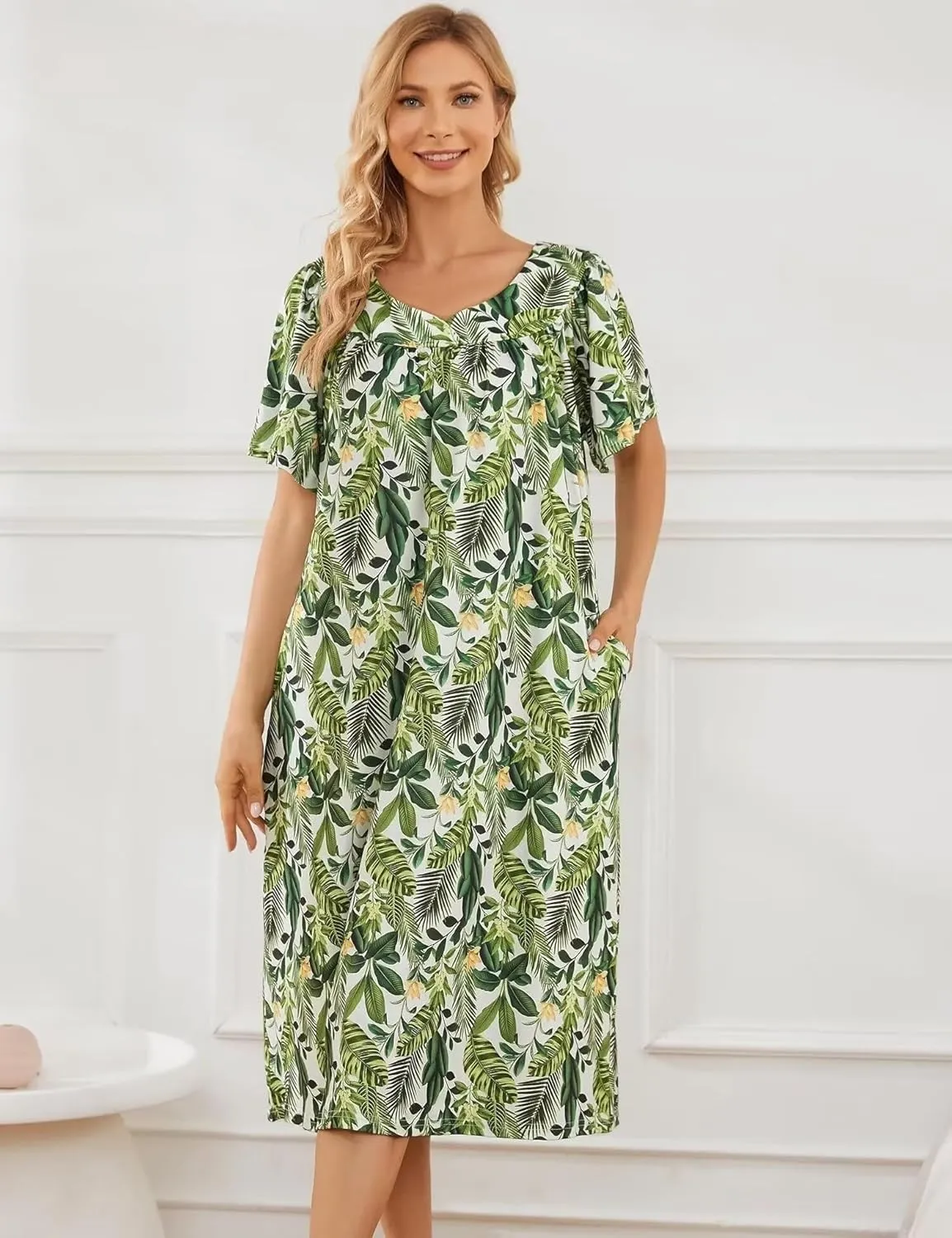 Muumuu House Dresses for Women Nightgown Duster Moomoo Short Sleeve Patio Dress with Pockets S-3XL