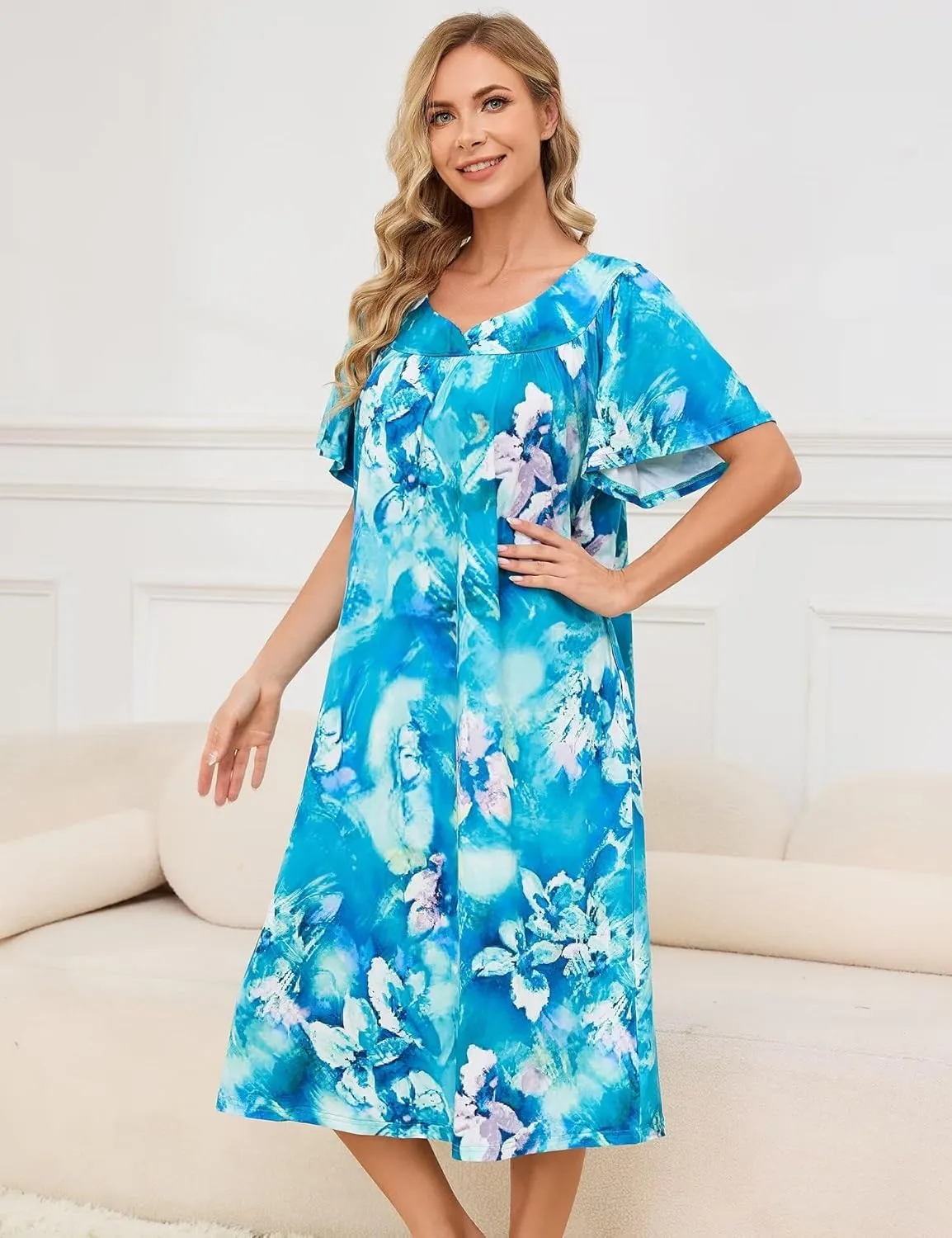 Muumuu House Dresses for Women Nightgown Duster Moomoo Short Sleeve Patio Dress with Pockets S-3XL