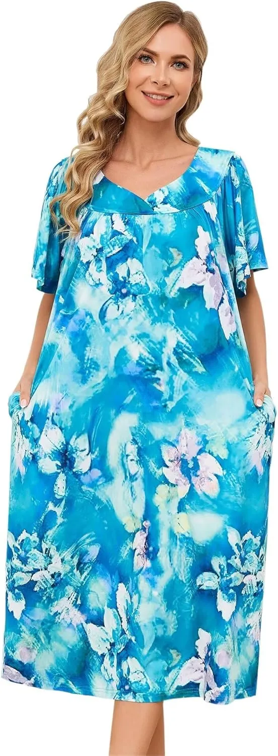 Muumuu House Dresses for Women Nightgown Duster Moomoo Short Sleeve Patio Dress with Pockets S-3XL