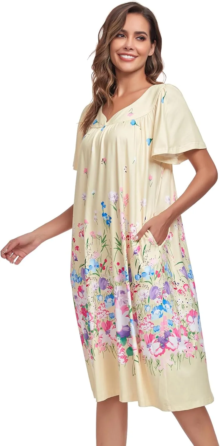 Muumuu House Dresses for Women Nightgown Duster Moomoo Short Sleeve Patio Dress with Pockets S-3XL