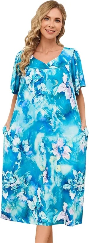 Muumuu House Dresses for Women Nightgown Duster Moomoo Short Sleeve Patio Dress with Pockets S-3XL
