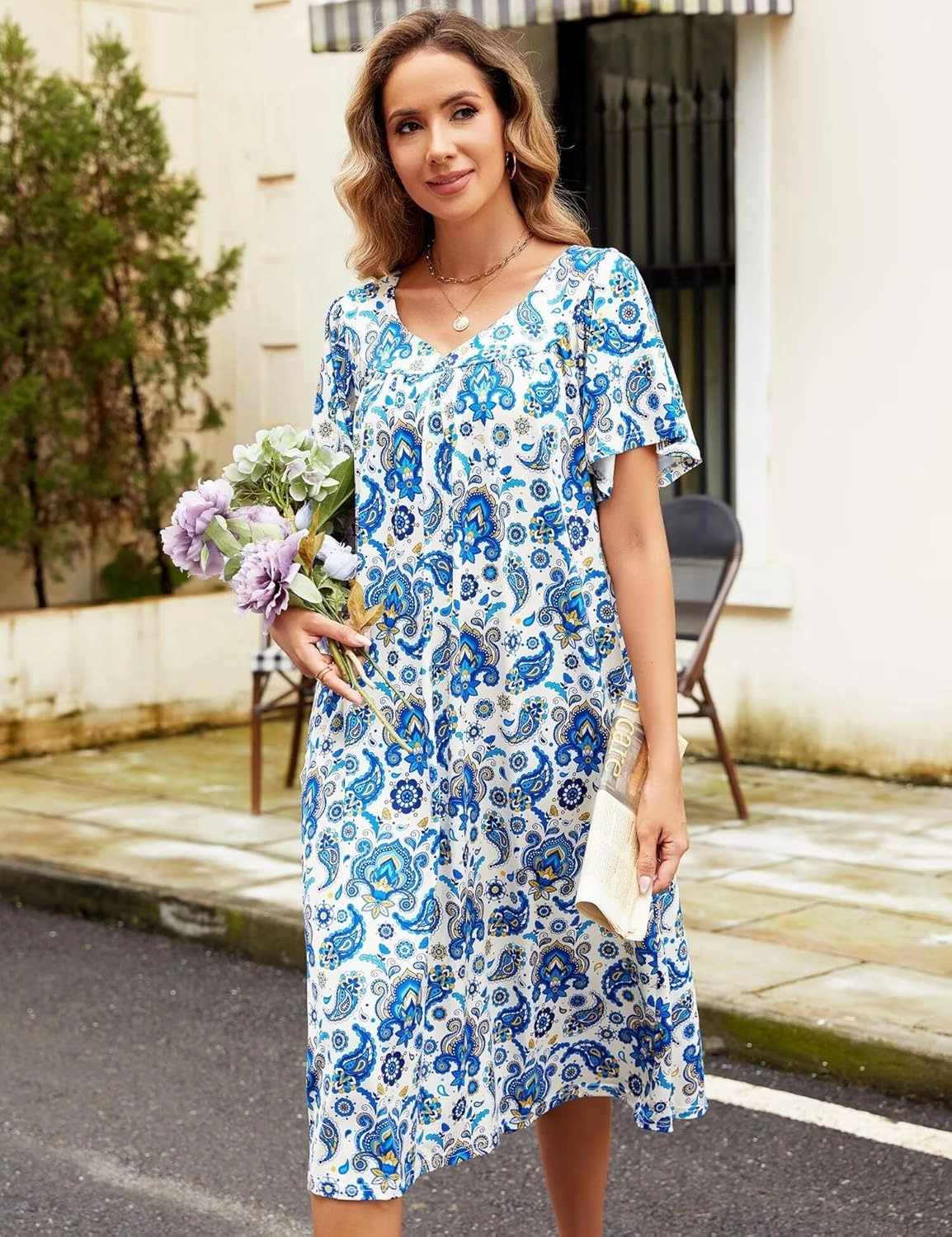 Muumuu House Dresses for Women Nightgown Duster Moomoo Short Sleeve Patio Dress with Pockets S-3XL