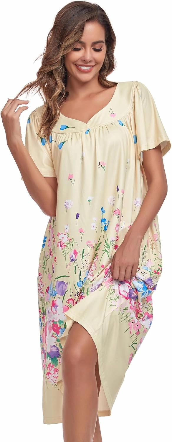 Muumuu House Dresses for Women Nightgown Duster Moomoo Short Sleeve Patio Dress with Pockets S-3XL