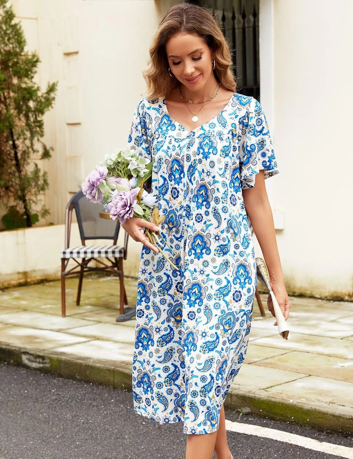 Muumuu House Dresses for Women Nightgown Duster Moomoo Short Sleeve Patio Dress with Pockets S-3XL