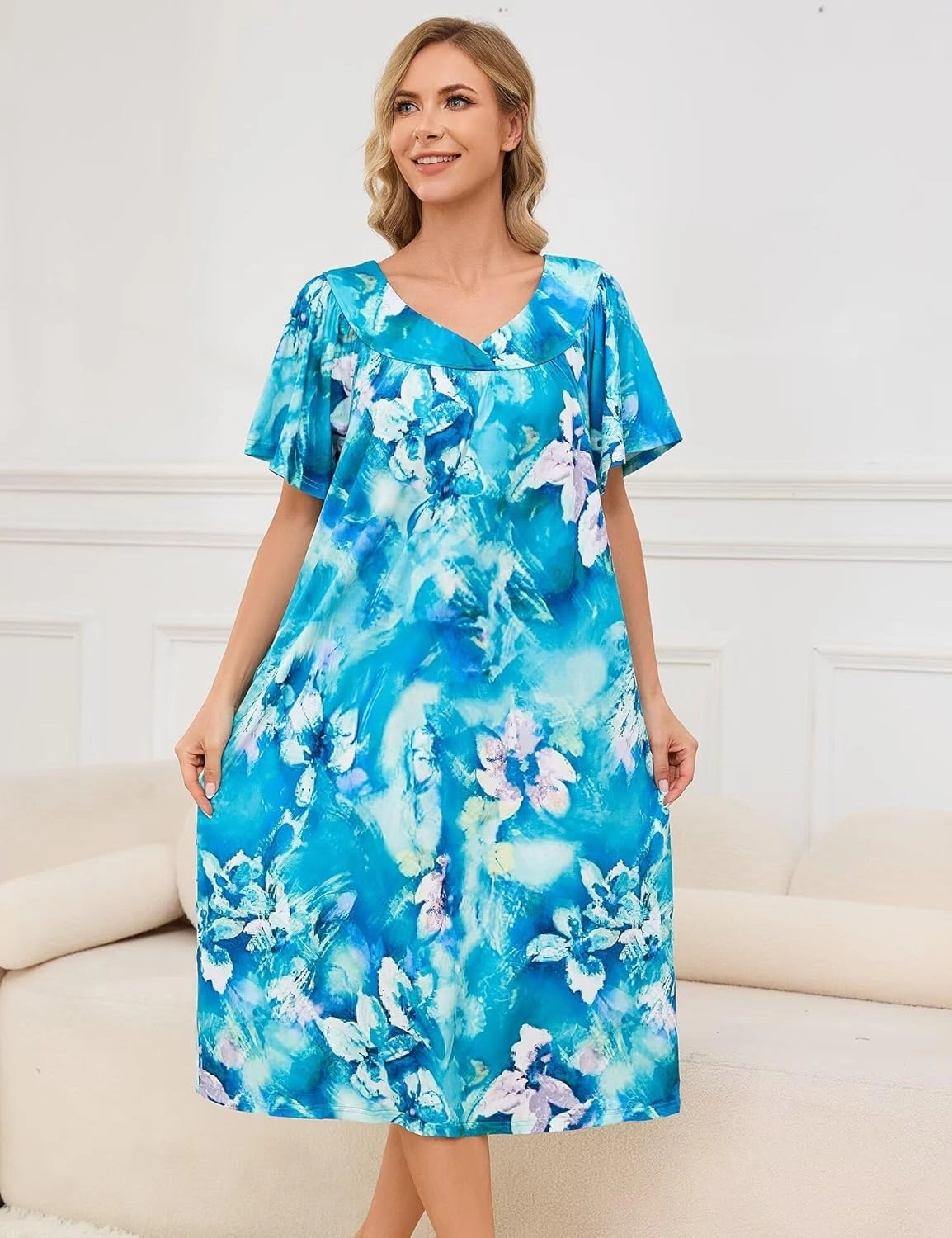 Muumuu House Dresses for Women Nightgown Duster Moomoo Short Sleeve Patio Dress with Pockets S-3XL