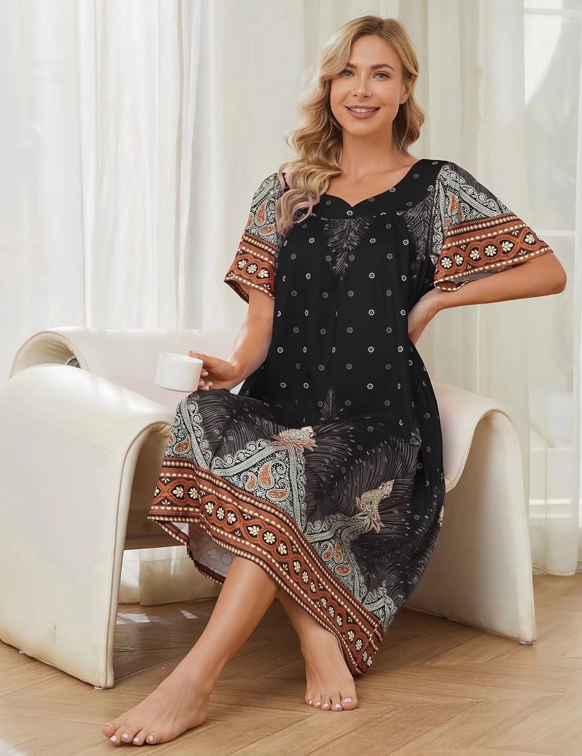 Muumuu House Dresses for Women Nightgown Duster Moomoo Short Sleeve Patio Dress with Pockets S-3XL
