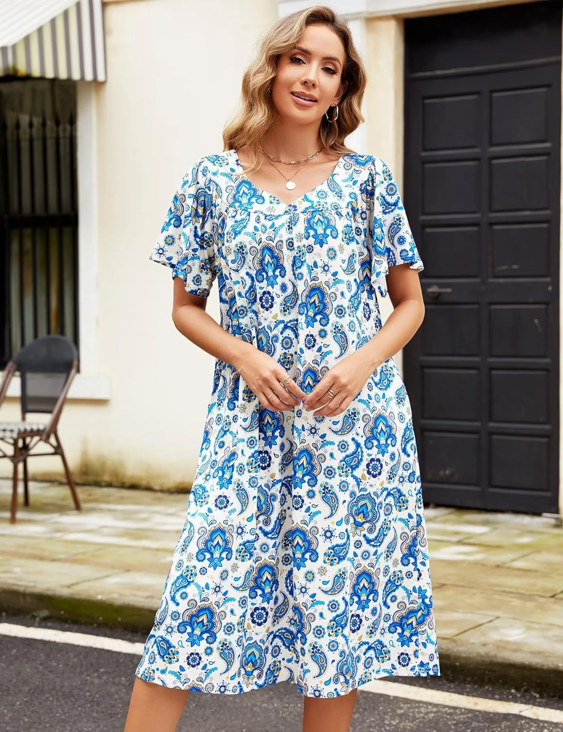 Muumuu House Dresses for Women Nightgown Duster Moomoo Short Sleeve Patio Dress with Pockets S-3XL
