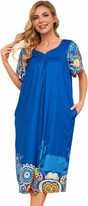Muumuu House Dresses for Women Nightgown Duster Moomoo Short Sleeve Patio Dress with Pockets S-3XL