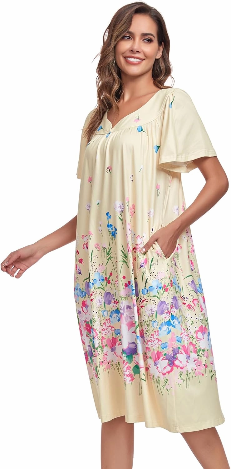 Muumuu House Dresses for Women Nightgown Duster Moomoo Short Sleeve Patio Dress with Pockets S-3XL