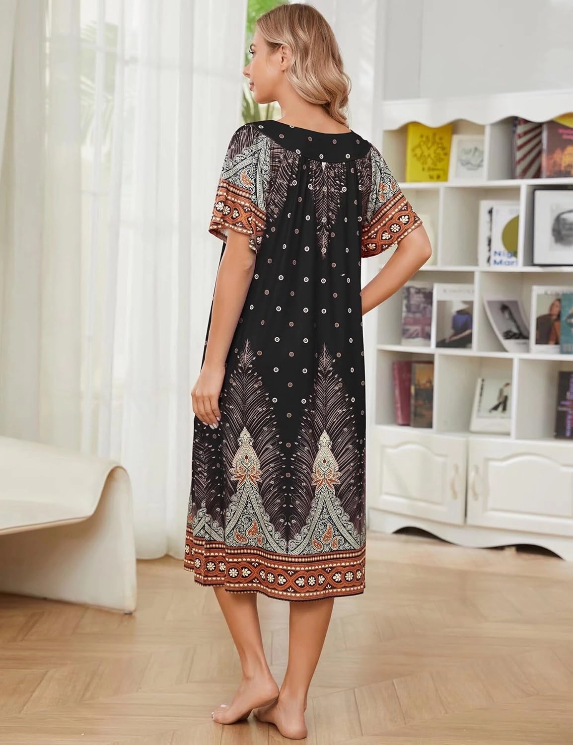 Muumuu House Dresses for Women Nightgown Duster Moomoo Short Sleeve Patio Dress with Pockets S-3XL