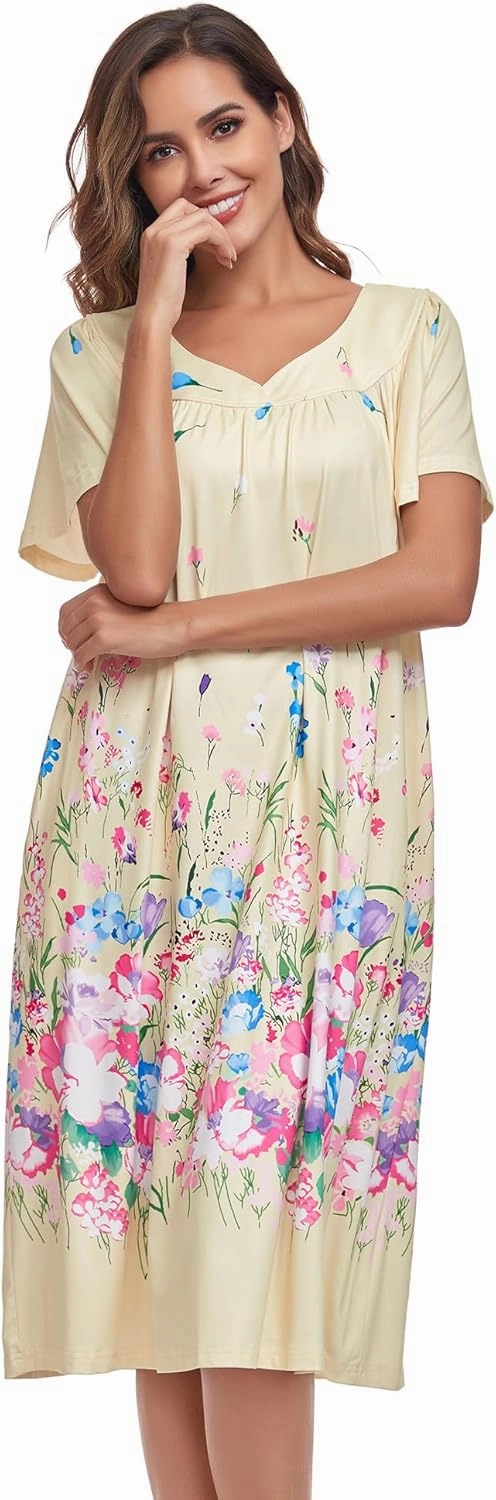 Muumuu House Dresses for Women Nightgown Duster Moomoo Short Sleeve Patio Dress with Pockets S-3XL