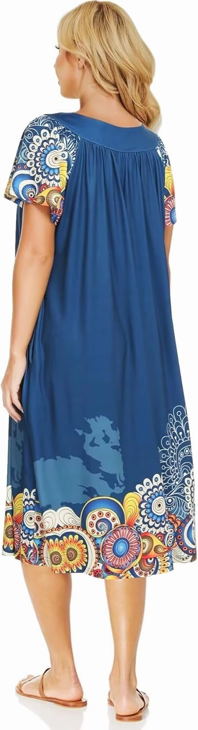 Muumuu House Dresses for Women Nightgown Duster Moomoo Short Sleeve Patio Dress with Pockets S-3XL