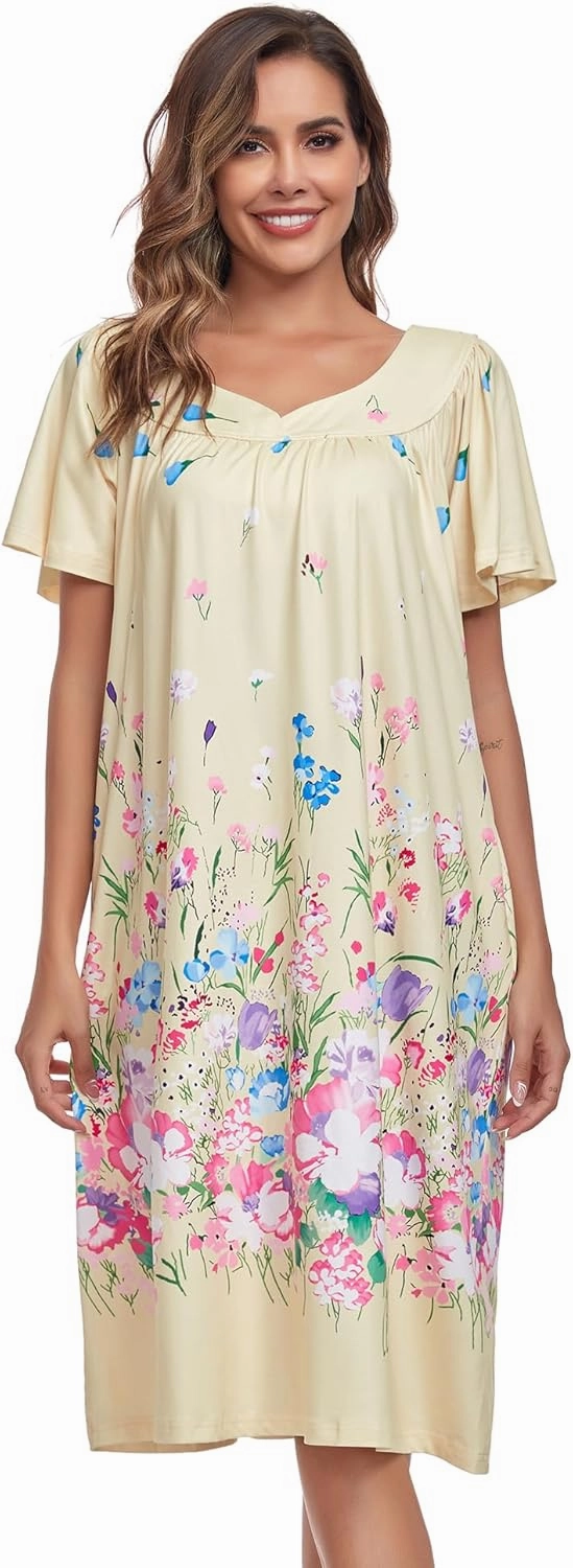 Muumuu House Dresses for Women Nightgown Duster Moomoo Short Sleeve Patio Dress with Pockets S-3XL