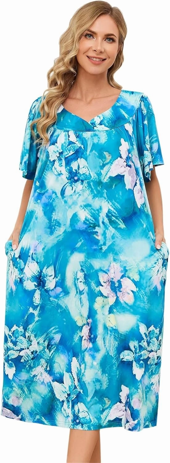 Muumuu House Dresses for Women Nightgown Duster Moomoo Short Sleeve Patio Dress with Pockets S-3XL