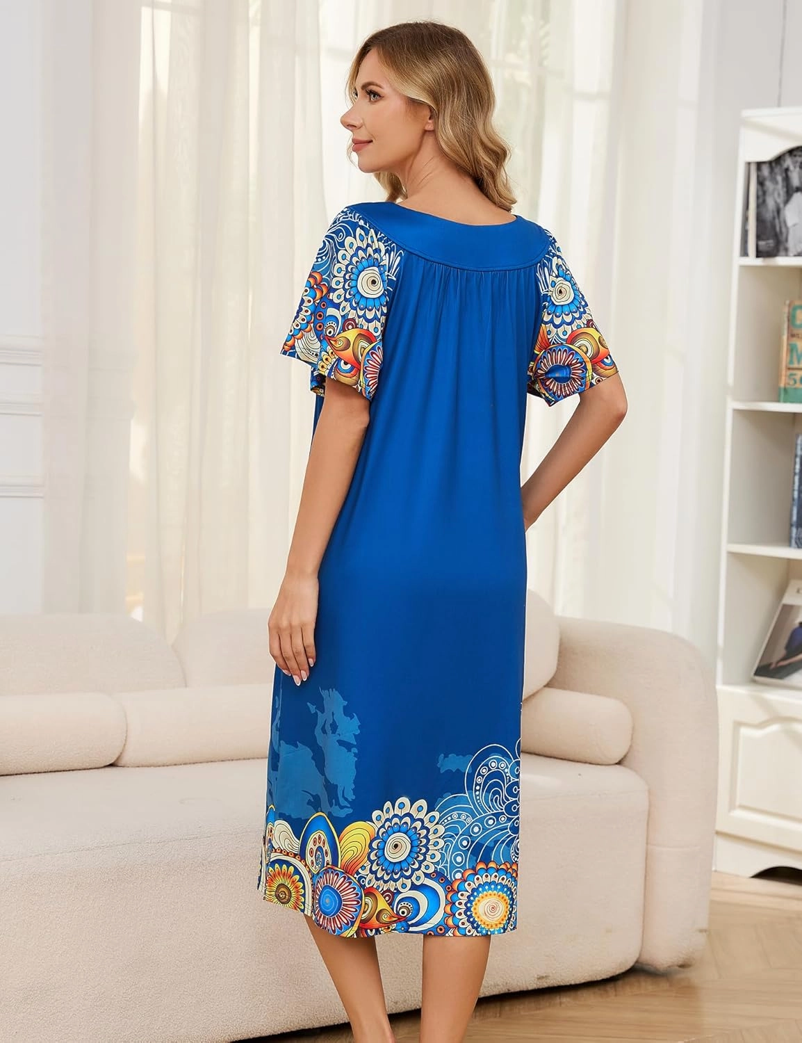 Muumuu House Dresses for Women Nightgown Duster Moomoo Short Sleeve Patio Dress with Pockets S-3XL