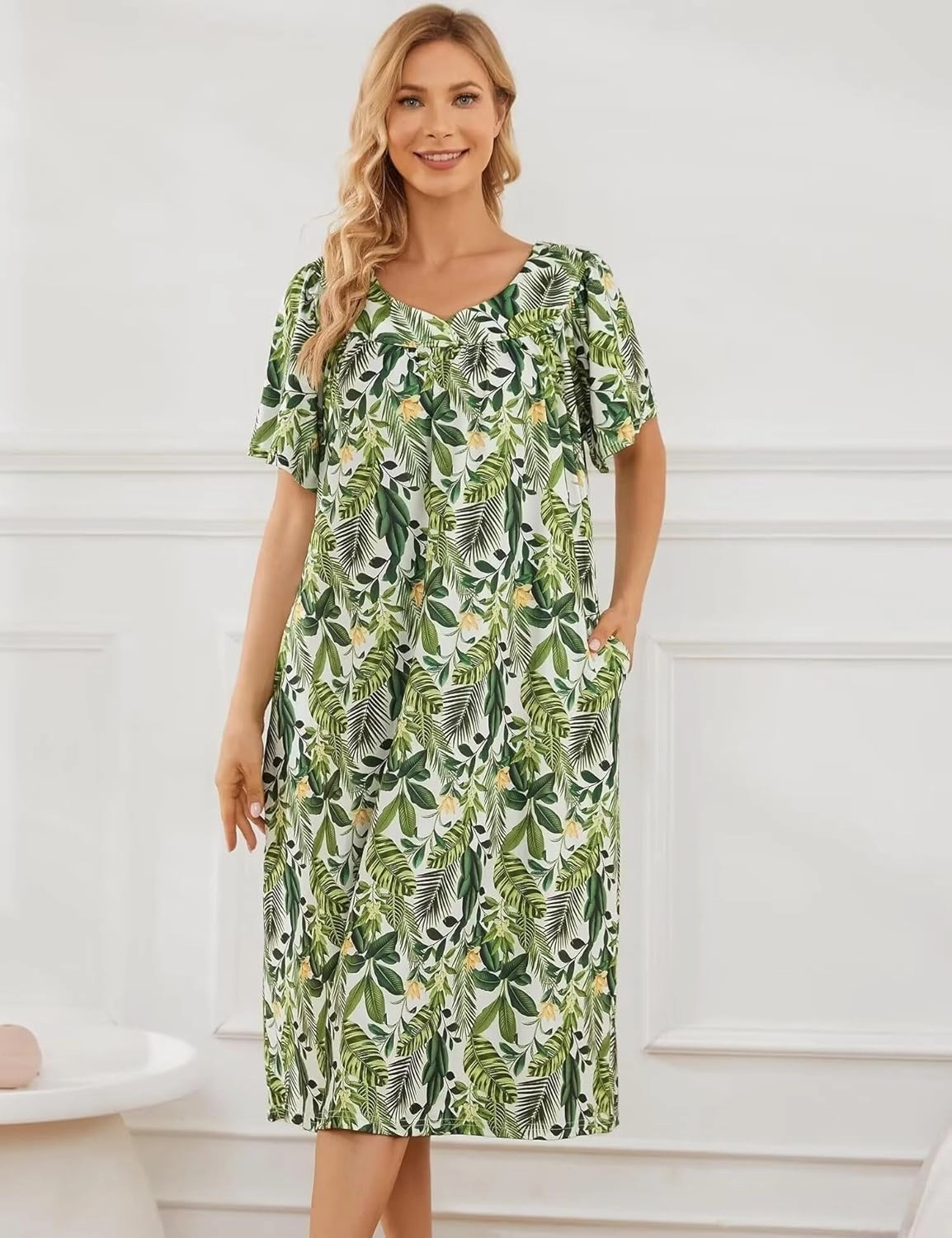 Muumuu House Dresses for Women Nightgown Duster Moomoo Short Sleeve Patio Dress with Pockets S-3XL