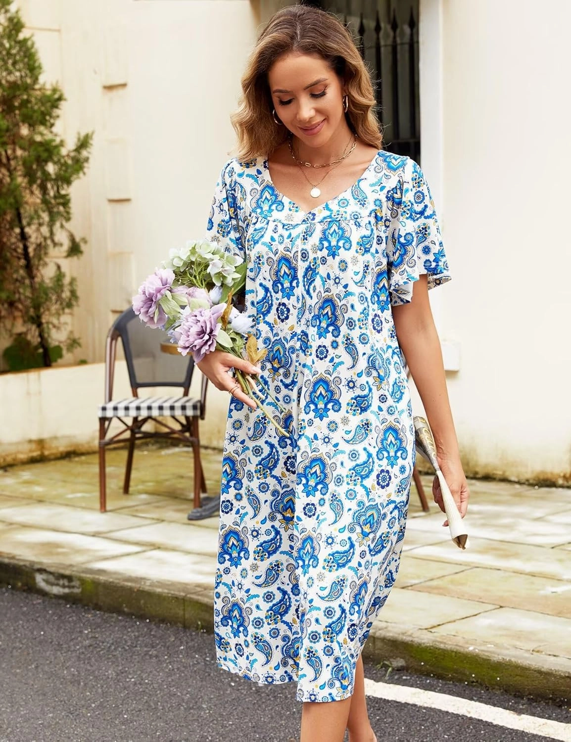 Muumuu House Dresses for Women Nightgown Duster Moomoo Short Sleeve Patio Dress with Pockets S-3XL