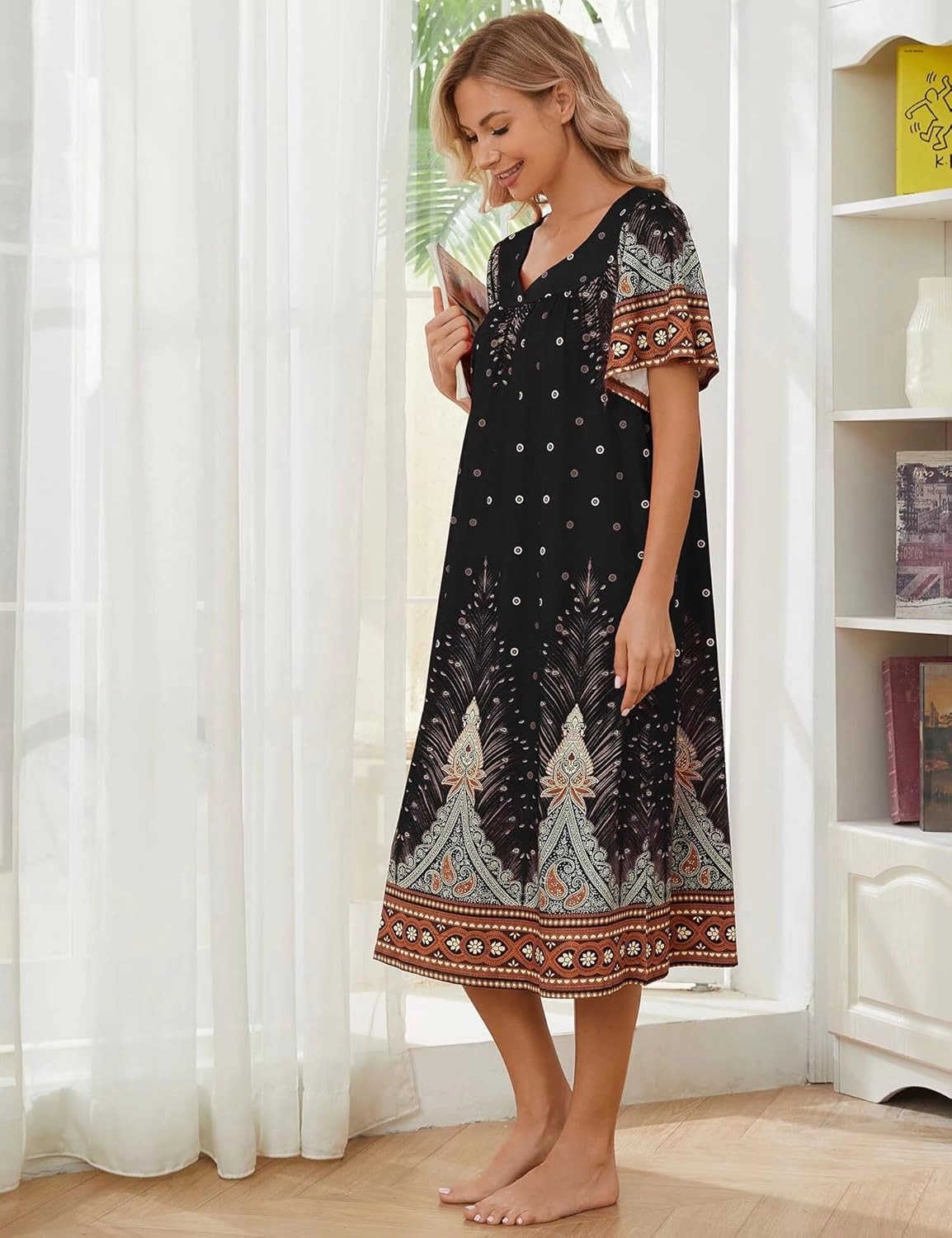 Muumuu House Dresses for Women Nightgown Duster Moomoo Short Sleeve Patio Dress with Pockets S-3XL