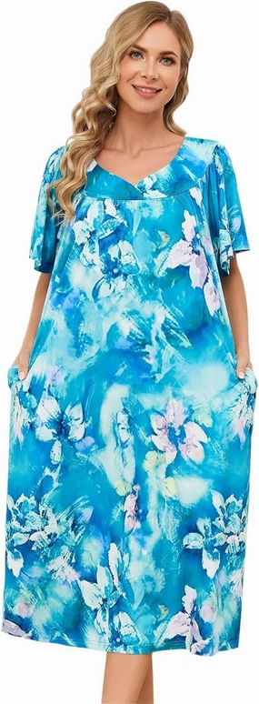 Muumuu House Dresses for Women Nightgown Duster Moomoo Short Sleeve Patio Dress with Pockets S-3XL