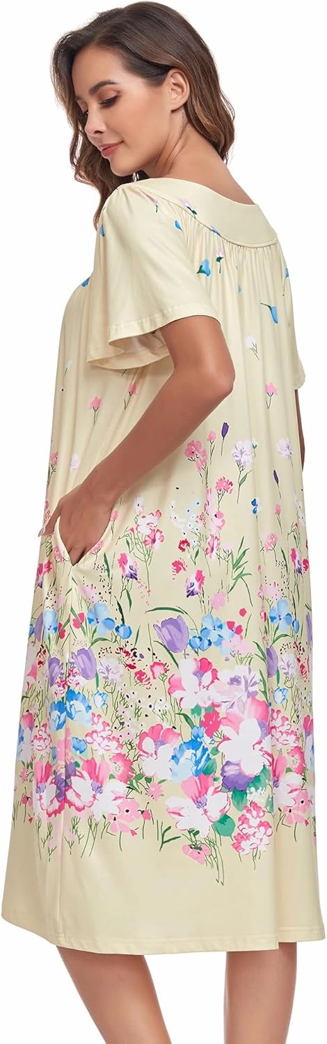 Muumuu House Dresses for Women Nightgown Duster Moomoo Short Sleeve Patio Dress with Pockets S-3XL
