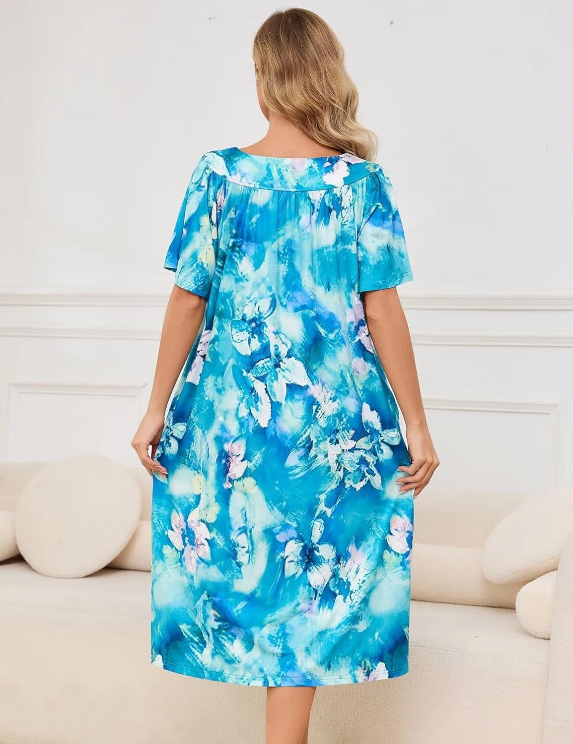 Muumuu House Dresses for Women Nightgown Duster Moomoo Short Sleeve Patio Dress with Pockets S-3XL